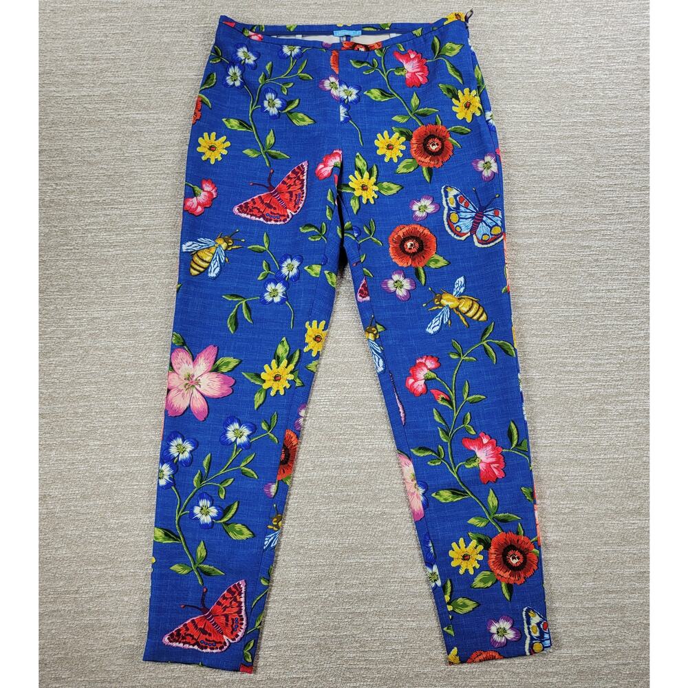 J McLaughlin Margot Cropped Pants Womens 8 Blue Floral Butterfly Side Zip Capri